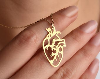 Anatomical Heart Necklace Gold, 14K Gold Plated Medical Jewelry, Realistic Heart Pendant, Doctor Gift, Minimal Statement Necklace