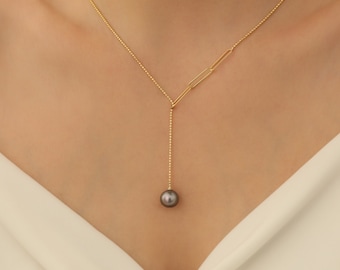14K Gold Peacock Pearl Y Necklace, Peacock Pearl Lariat Necklace, Pearl Drop Necklace, Paperclip Chain Necklace,  Gift for Her
