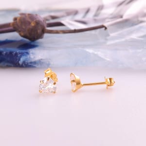14k Solid Gold Crystal Heart Stud Earrings: Dainty Love Gems