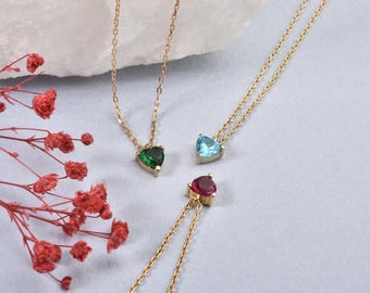 Collar solitario de corazón con piedra natal en oro de 14k, collar de corazón con piedra natal, collar de gema personalizado, joyería personalizada, regalo para ella.