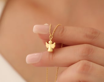 14k Gold Angel Wing Necklace: Sterling Silver Guardian Angelita