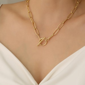 14k Gold Paperclip Halskette: Elegante Knebelverschluss Layering Halskette