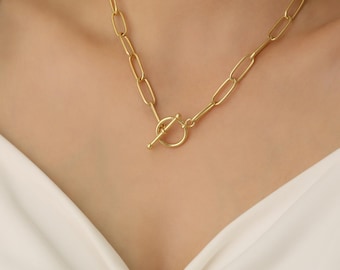 14k Gold Paperclip Chain Necklace: Elegant Toggle Clasp Layering Necklace