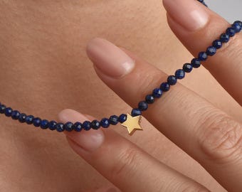 Kleine blauwe lapis lazuli-ketting, choker met kralen en 14k gouden sterhangerketting, sterhangerketting, gouden sierlijke lapis-ketting