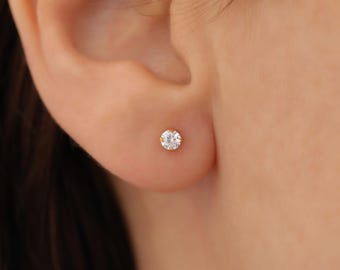 14K guldpläterade 925 sterlingsilver 3,25 mm CZ örhängen, små solitaireörhängen, minimalistiska guldörhängen, vardagsörhängen, present till henne