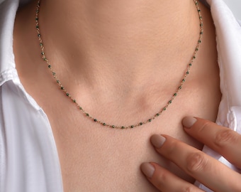 Green Raw Emerald Beaded Gemstone Choker Necklace Gold, Handmade Beaded Necklace, Dainty Layering Necklace, Emerald May Birthstone Choker