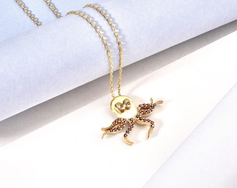 Handmade Gold Plated Octopus Necklace: Sterling Silver & Red CZ Gemstone