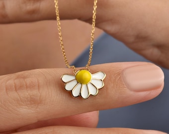 14K Solid Gold Daisy Necklace: White Enamel Flower Pendant - Etsy