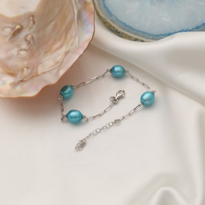 Pale Turquoise Pearl Bracelet: Freshwater Beaded Bracelet, Rhodium Plated