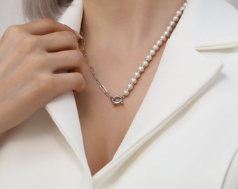 Sterling Silver Half Pearl Paperclip Chain Necklace, Minimalist Pearl Chain Necklace, Modern Silver Necklace, Gift for Her
