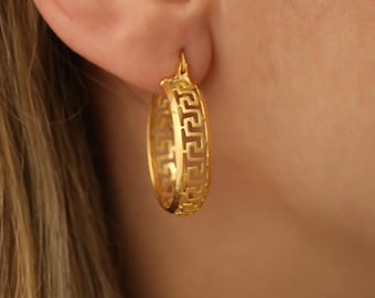14K Gold Plated Silver Chunky Greek Key Hoop Earrings, Bold Meander Pattern Hoops, Thick Gold Statement Earrings, Luxury Style Jewelry