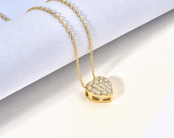 14K Gold Pave Diamond Heart Necklace, Crystal Love Necklace, Dainty Heart Necklace, CZ Heart Necklace, Heart Pendant Necklace, Gift For Her