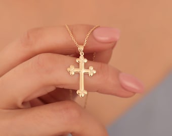 14K Gold Cross Necklace, Religious Jewelry, Crucifix Necklace, Christian Faith Pendant, Christmas Gifts For Wife, Gift For Her