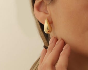 14K Gold Plated Puffy Teardrop Stud Earrings, Chunky Drop Stud Earrings, Liquid Gold Minimal Statement Jewelry