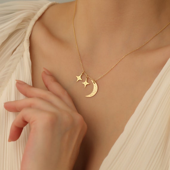 Crescent Moon and Stars Necklace, Personalized Initial Pendants