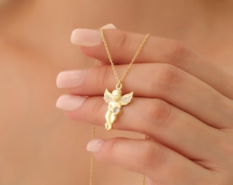 Angel Necklace, Cherub Necklace, Gold Angel Pendant, Diamond Angel Necklace, Guardian Angel Jewelry, Dainty Spiritual Necklace Gift