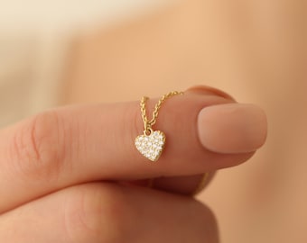 14k Gold Pave Diamond Heart Necklace, Crystal Love Necklace for Girlfriend, Minimalist Heart Necklace, Valentines Day Gifts