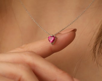 July Birthstone Necklace, Ruby Heart Necklace, Sterling Silver Heart Birthstone Jewelry, Minimal Romantic Jewelry, Valentine Gift for Her