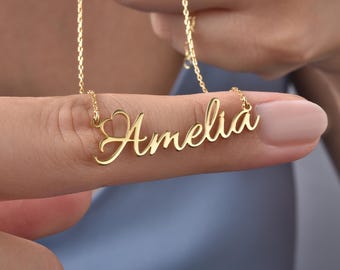 Custom Heart Name Necklace, Sterling Silver Personalized Gift
