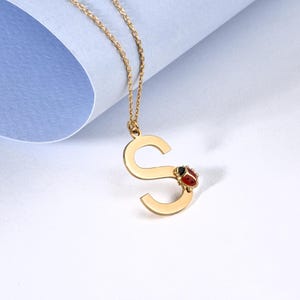 Könnte beinhalten: Goldfarbene Halskette mit einem Anhänger in Form des Buchstabens "S". Ein kleiner Marienkäfer mit roten und schwarzen Details ist an der unteren Kurve des Buchstabens befestigt. Die Kette ist ebenfalls goldfarben.