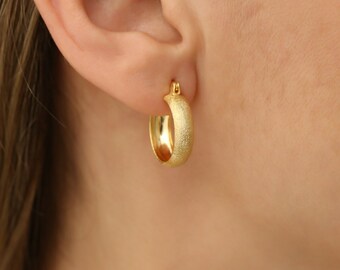14K Gold Plated Silver Matte Chunky Huggie Hoop Earrings, Small Thick Satin Finish Hoops, Minimal Gold Earrings, Everyday Jewelry