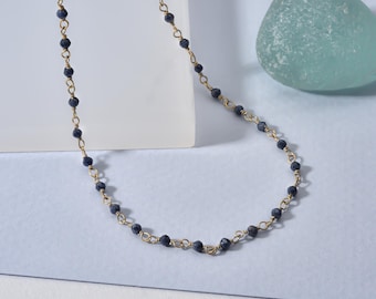 14K Gold Sapphire Rosary Chain Necklace, Blue Sapphire Station Necklace, Dainty Gold Necklace, Minimalist Layering September Birthstone Gift