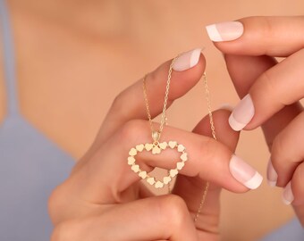 Gold Heart Frame Necklace, 14K Gold Plated Open Heart Pendant with Tiny Hearts, Romantic Jewelry Gift for Her