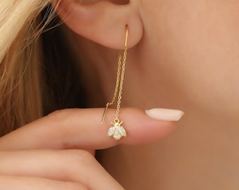 14K Gold Plated 925 Sterling Silver Ladybug Threader Earrings, CZ Ladybug Dangle Earrings, Thread Through Chain Earrings, Lucky Jewelry
