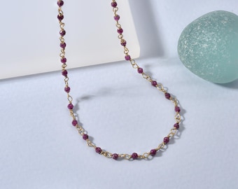 Red Ruby Beaded Gemstone Choker Necklace Gold, Handmade Beaded Necklace, Delicate Dainty Summer Jewelry, July Birthstone, Summer Jewelry