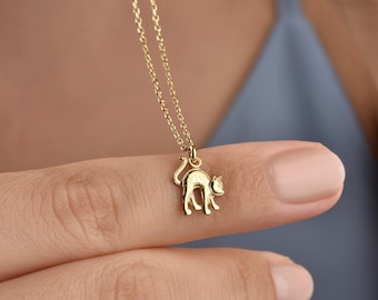 14k Gold Cat Pendant Necklace: Arched Back Kitten Jewelry