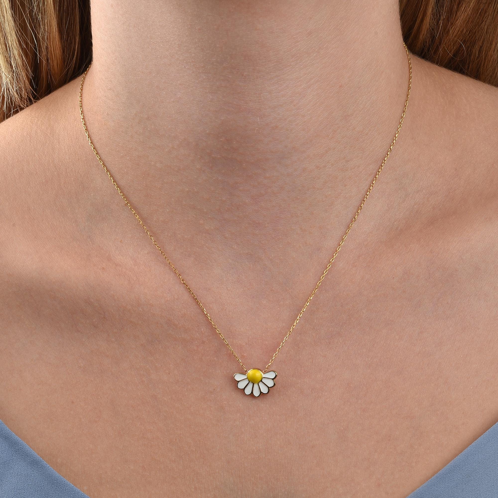 14k Gold Daisy Necklace, Enamel Daisy Flower Necklace, White and