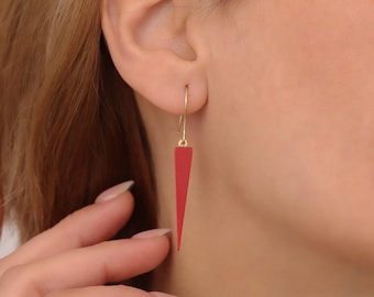 14K Gold Plated 925 Sterling Silver Red Coral Drop Earrings, Natural Coral Dangle Earrings, Long Minimalist Earrings, Statement Earrings