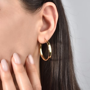14K Solid Gold Hoop Earrings: Large Shiny Tubular Hoops