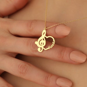 14K Gold Plated Personalizable Music Treble Clef Heart Name Necklace, Custom Music Symbol Pendant, Gift For Musician, Minimalist Treble Cle