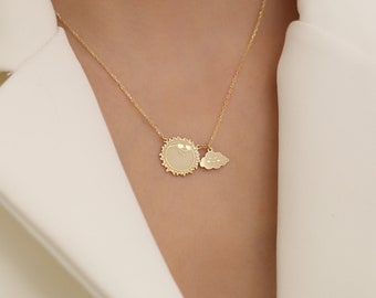 Schattige ketting zon en wolk, 14K vergulde hanger lachende zon, sierlijke hemelse sieraden cadeau voor haar