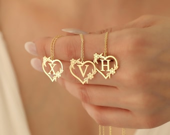 Personalized Gold Flower Heart Initial Necklace: Custom Alphabet Pendant