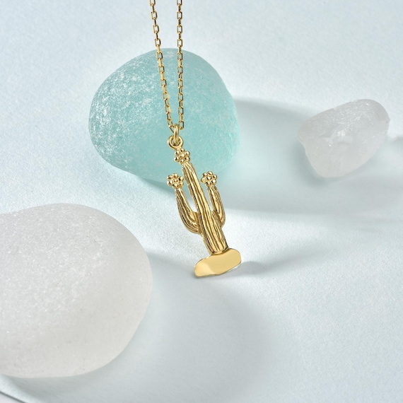 14k Solid Gold Cactus Pendant Necklace: Engraved Desert Plant