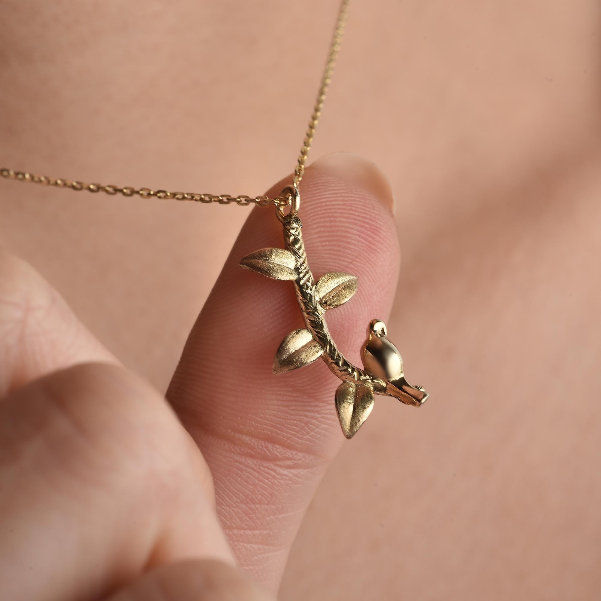 14k Solid Gold Bird on Branch Necklace: Sparrow Pendant Jewelry