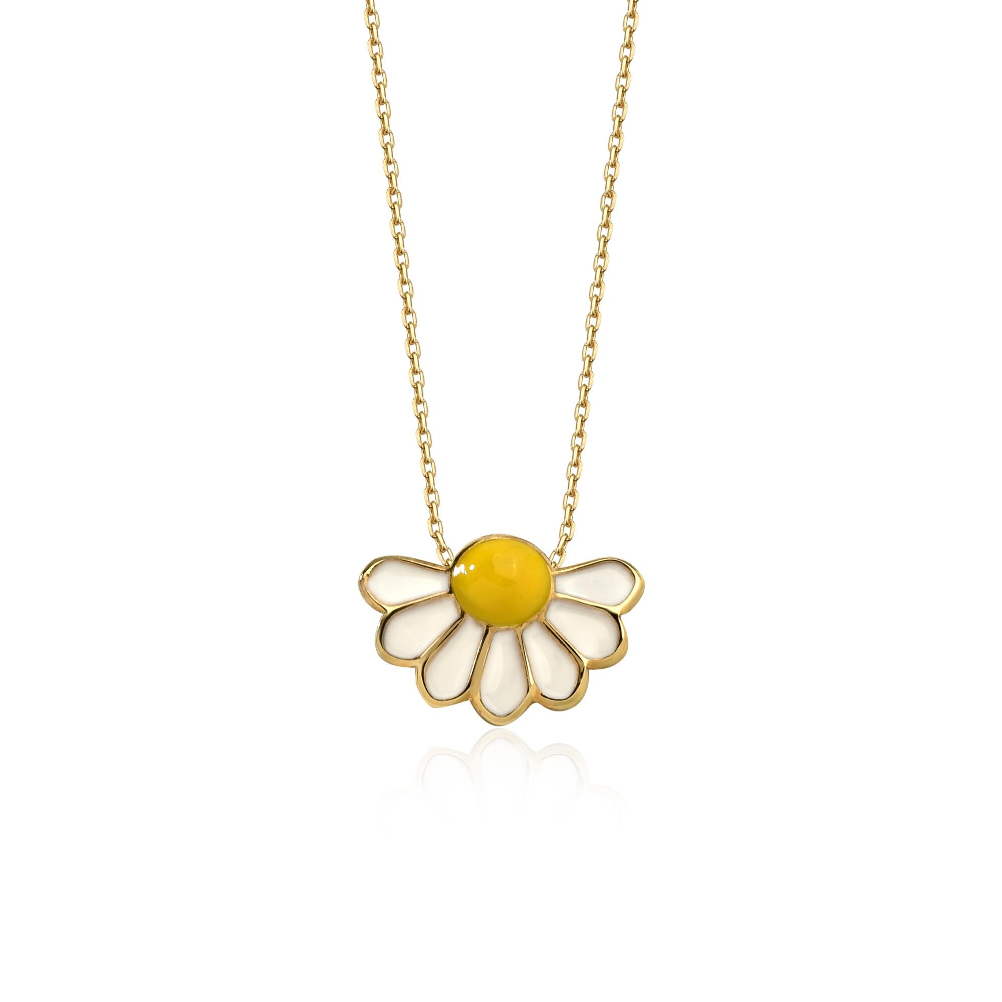 14k Gold Daisy Necklace, Enamel Daisy Flower Necklace, White and
