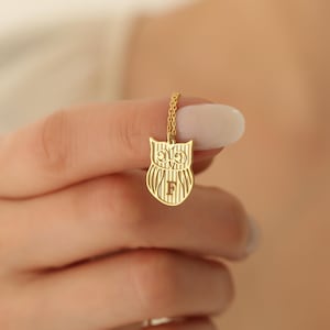 Puede incluir: Un collar con colgante de búho de color dorado con una cadena delicada. El colgante de búho presenta la letra "F" en el centro. El collar está sostenido por una mano.