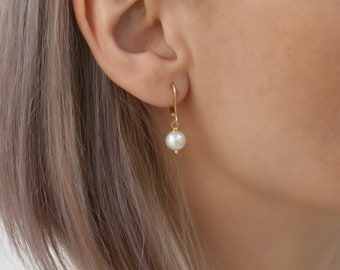 14K Gold Plated 925 Sterling Silver 8mm White Freshwater Pearl Dangle Earrings, Delicate Pearl Drop Earrings for Women