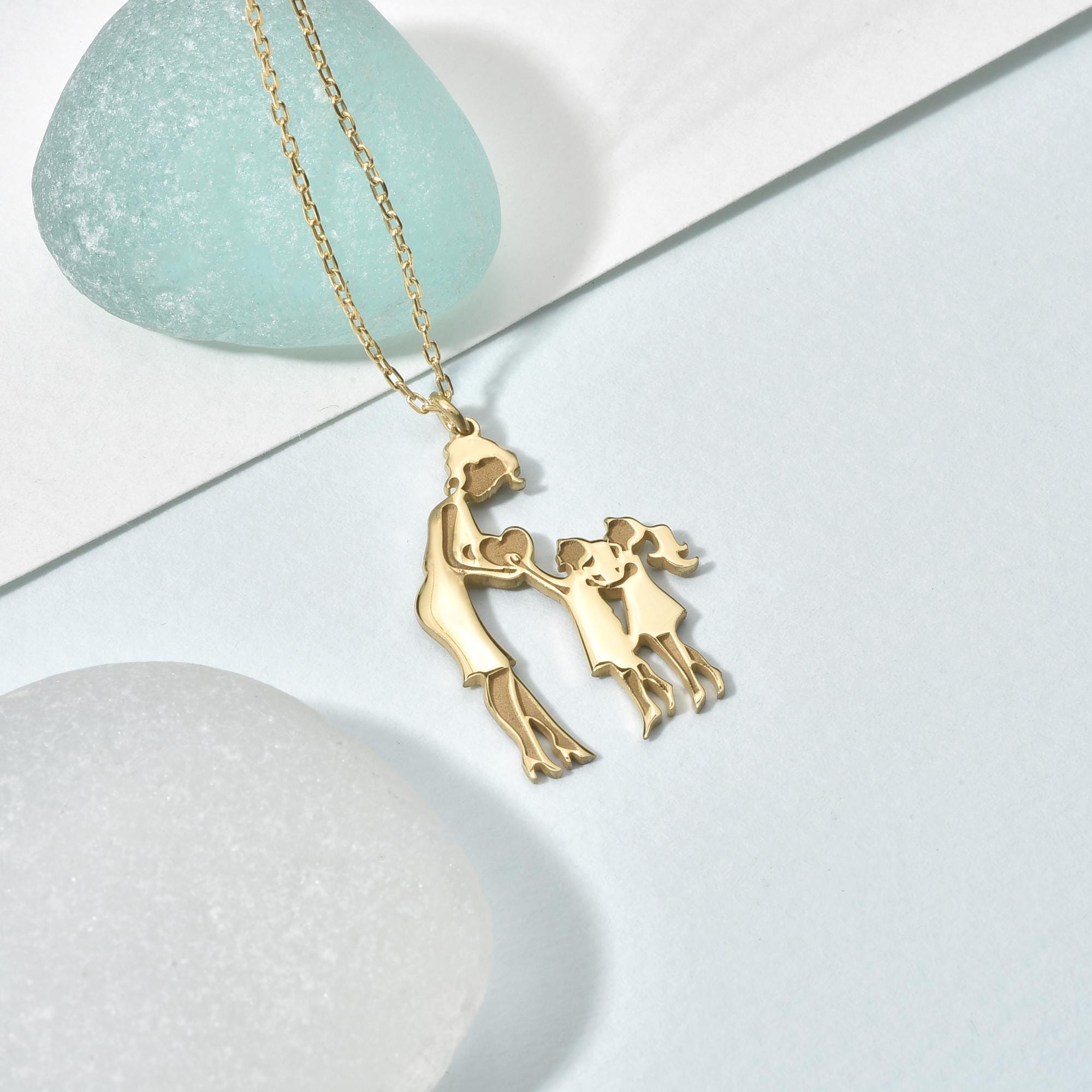 14K Gold Mother & Two Girls Pendant: Personalized Family Necklace