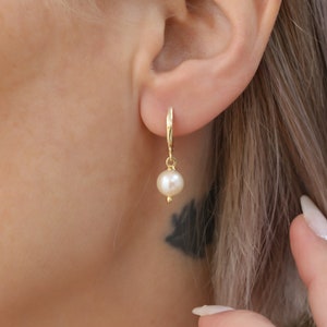 14k Yellow Gold Pearl Huggie Earrings: Handmade Solid Gold Dangle