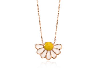14k Gold Daisy Necklace, Enamel Daisy Flower Necklace, White and