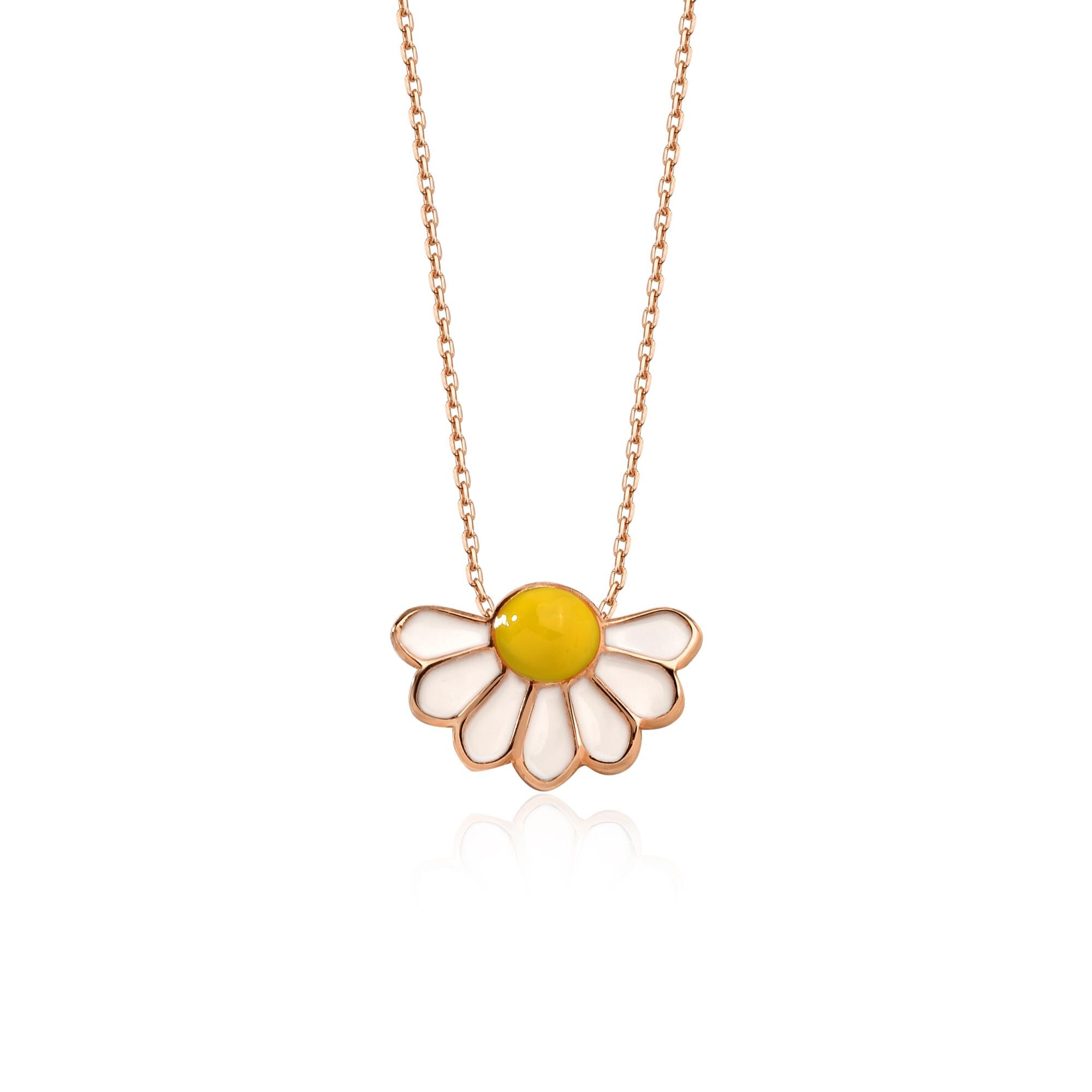 14k Gold Daisy Necklace, Enamel Daisy Flower Necklace, White and