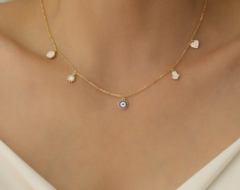 Collar de la suerte en oro de 14 quilates, con dije de sol y corazón de ojo malvado, delicada joyería de la suerte en plata de ley.