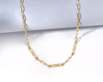 14K Gold Multiple Name Bar Necklace, Custom Engraved Charm Necklace, Paperclip Chain Paperclip Link Chain Necklace, Personalized gift