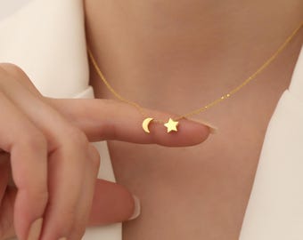 14k Gold Dainty Crescent Moon & Star Necklace: Dainty Celestial Charm, Sterling Silver