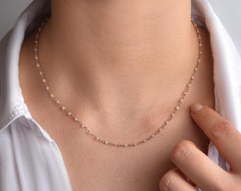 Rose Quartz Wire Wrapped Beaded Chain, Delicate Rose Quartz Choker Necklace, Rosary Chain, October Birtstone, Pale Pink Beads, Gifts For Her