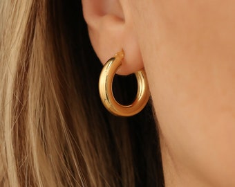 14K Gold Plated Chunky Hoop Earrings, Thick Huggie Earrings, Minimalist Bold Hoop, Everyday Gold Jewelry Gift for Her